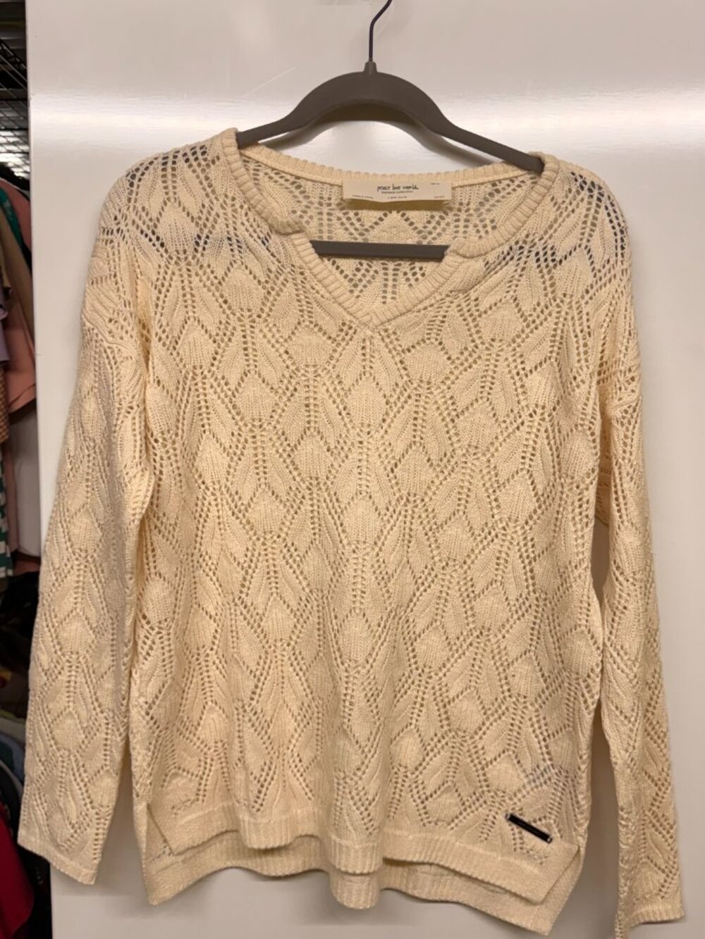 Peace Love World Boheme Open-Stitch Novelty V-Neck Sweater in Oat - Size XS